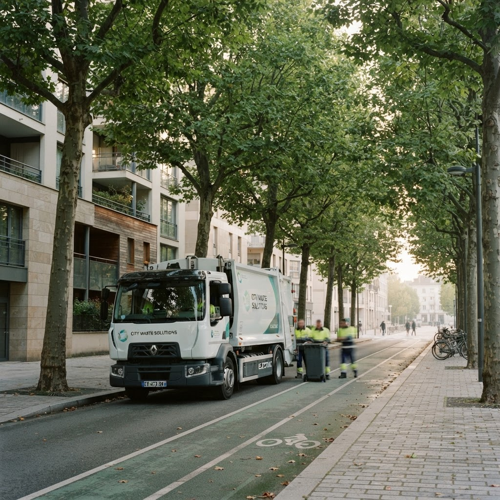 A clean, tree-lined city street with a modern waste collection vehicle in the early morning light