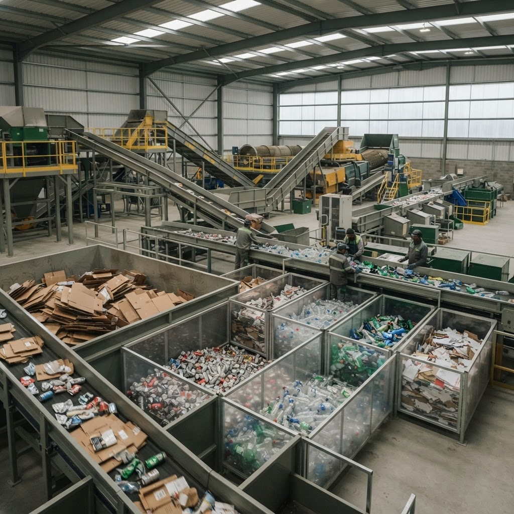 Interior of a modern, clean recycling sorting facility with organized material streams